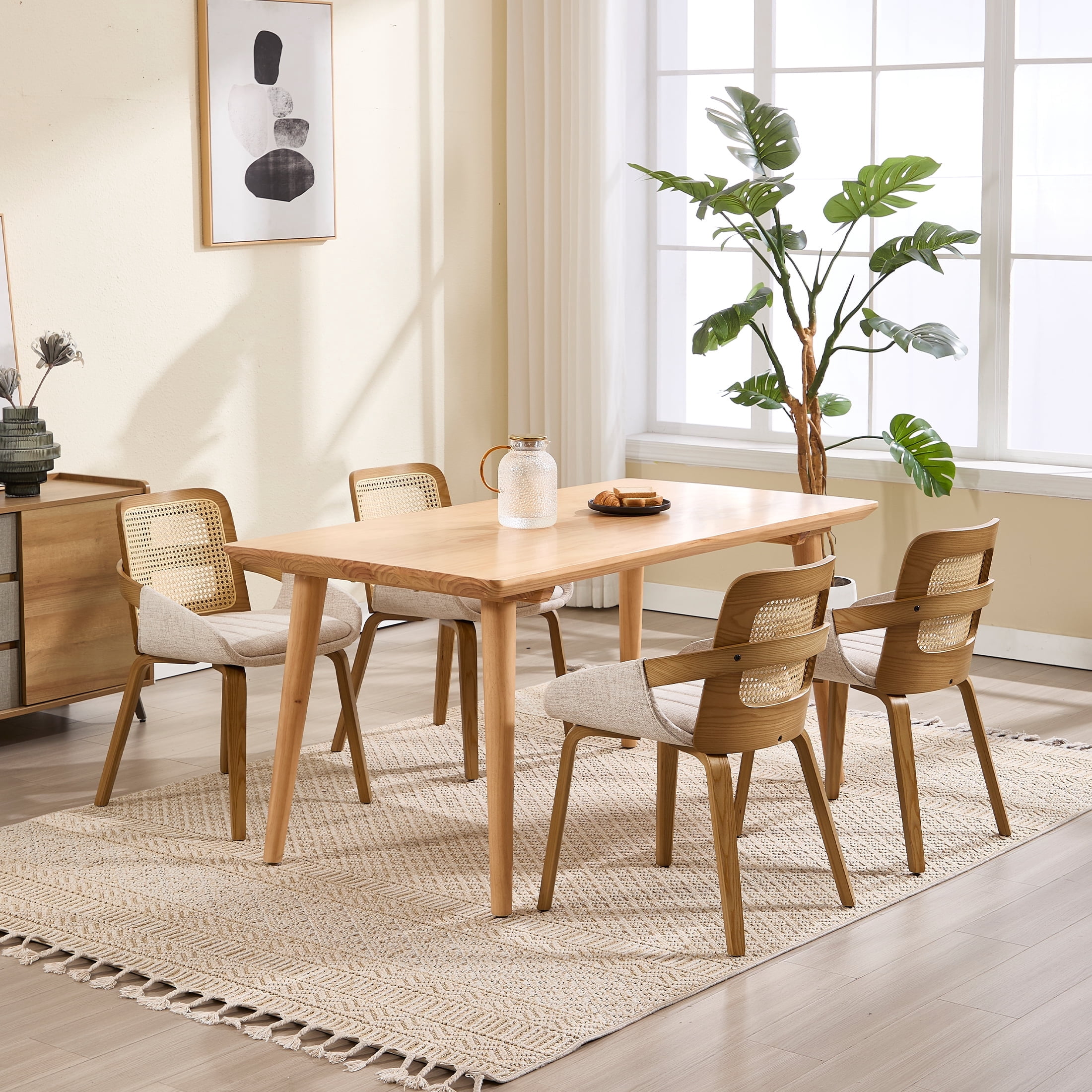 Guyou Modern Rattan Dining Chair Set of 4, Solid Wood Dining Side Chairs, Linen Upholstered Kitchen Chairs with Armrests for Kitchen Dining Room Living Room, Beige