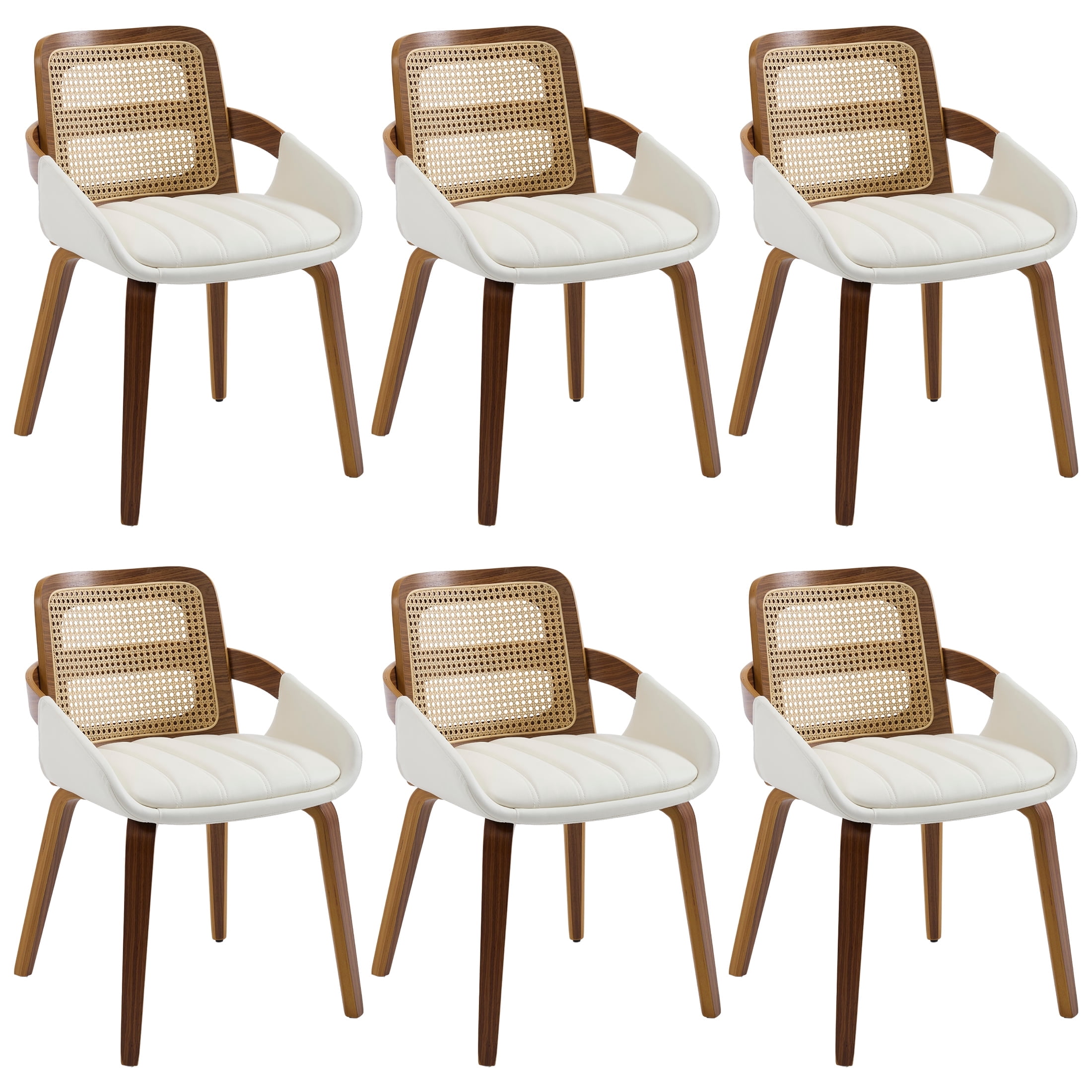 Guyou Modern Rattan Dining Chair Set of 6, Solid Wood Dining Side Chairs, PU Upholstered Kitchen Chairs with Armrests for Kitchen Dining Room Living Room, White