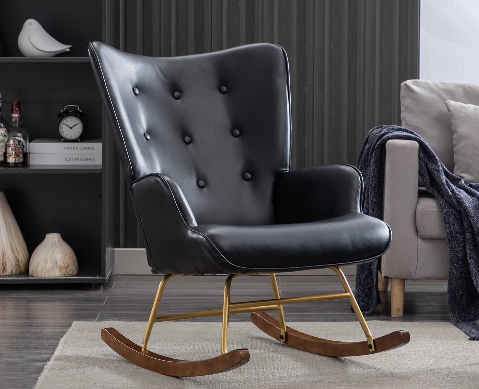 Guyou Modern Rocking Chair, Glider Nursery Chair with Tufted Wingback, Faux Leather Upholstered Accent Armchair for Living Room Bedroom Nursery, Black