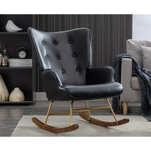 Guyou Modern Rocking Chair, Glider Nursery Chair with Tufted Wingback, Faux Leather Upholstered Accent Armchair for Living Room Bedroom Nursery, Black