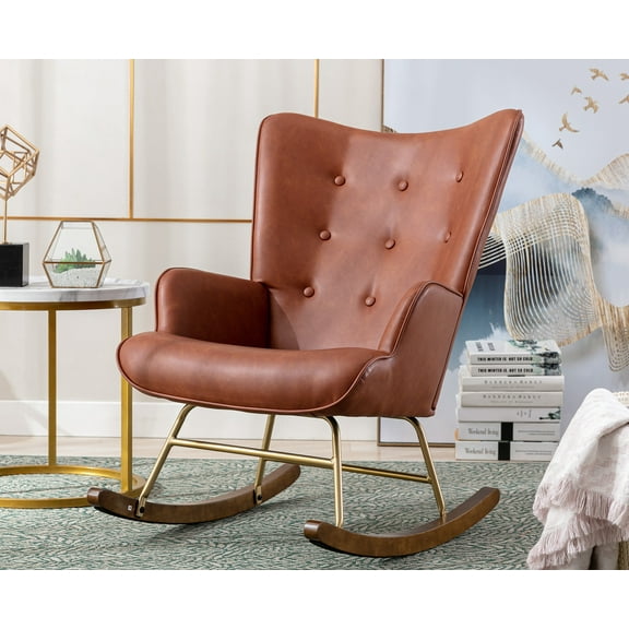 Guyou Modern Rocking Chair, Glider Nursery Chair with Tufted Wingback, Faux Leather Upholstered Accent Armchair for Living Room Bedroom Nursery, Brown