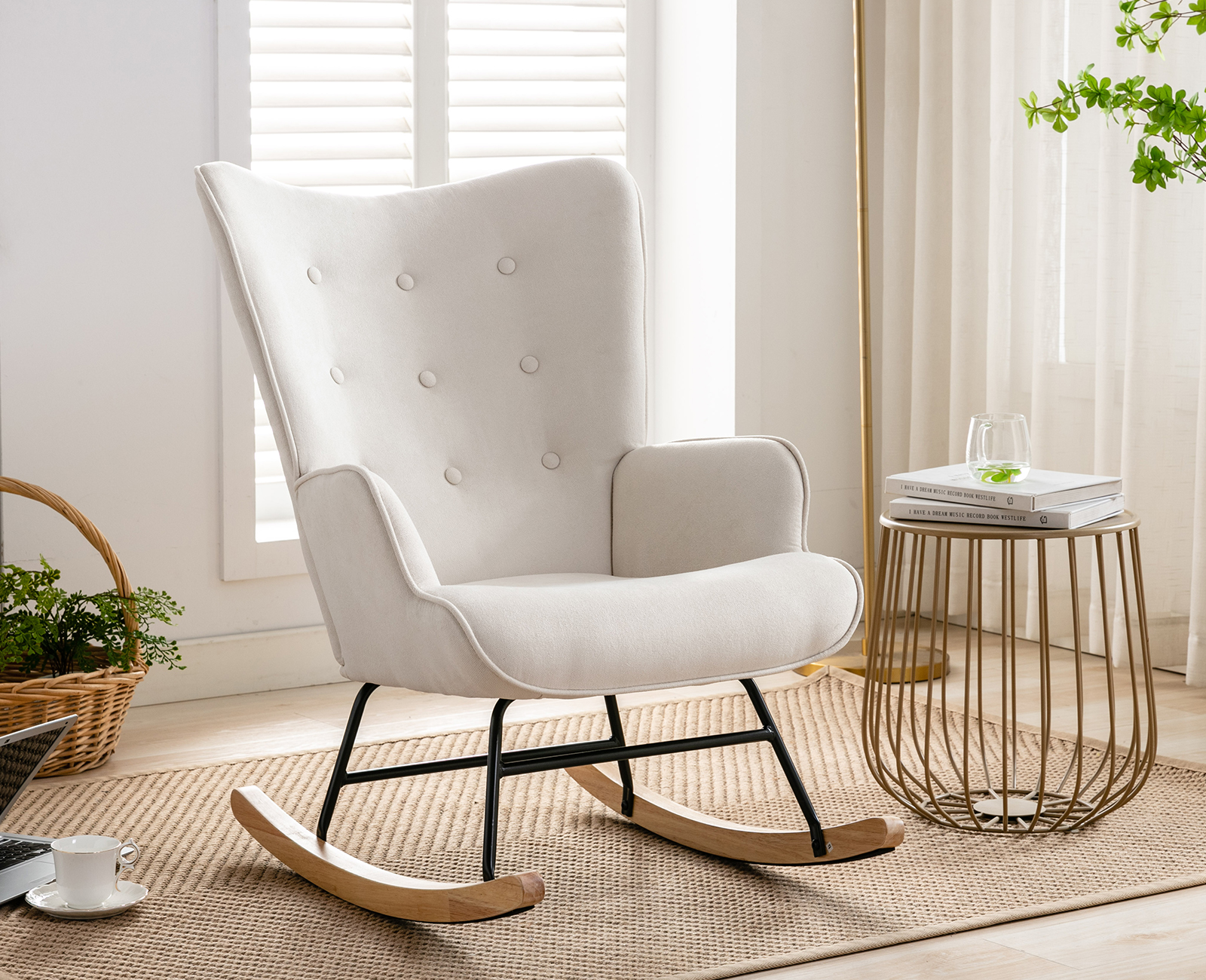 Yoleny Rocking Chair with Two Sets of Legs,Linen Fabric Glider Rocker Chair with Padded Seat