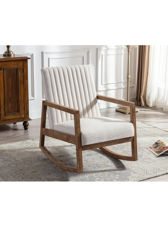 Guyou Modern Rocking Chair, Mid Century Linen Upholstered Farmhouse Wood Frame Armchair for Living Room Bedroom, Beige
