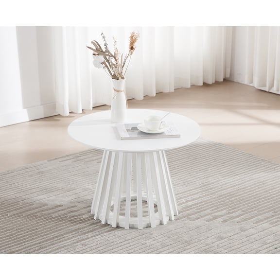 Guyou Modern Round Coffee Table with Geometric Wood Strips Base, 24 " Wooden Cocktail Table for Living Room Small Space Lounge, White