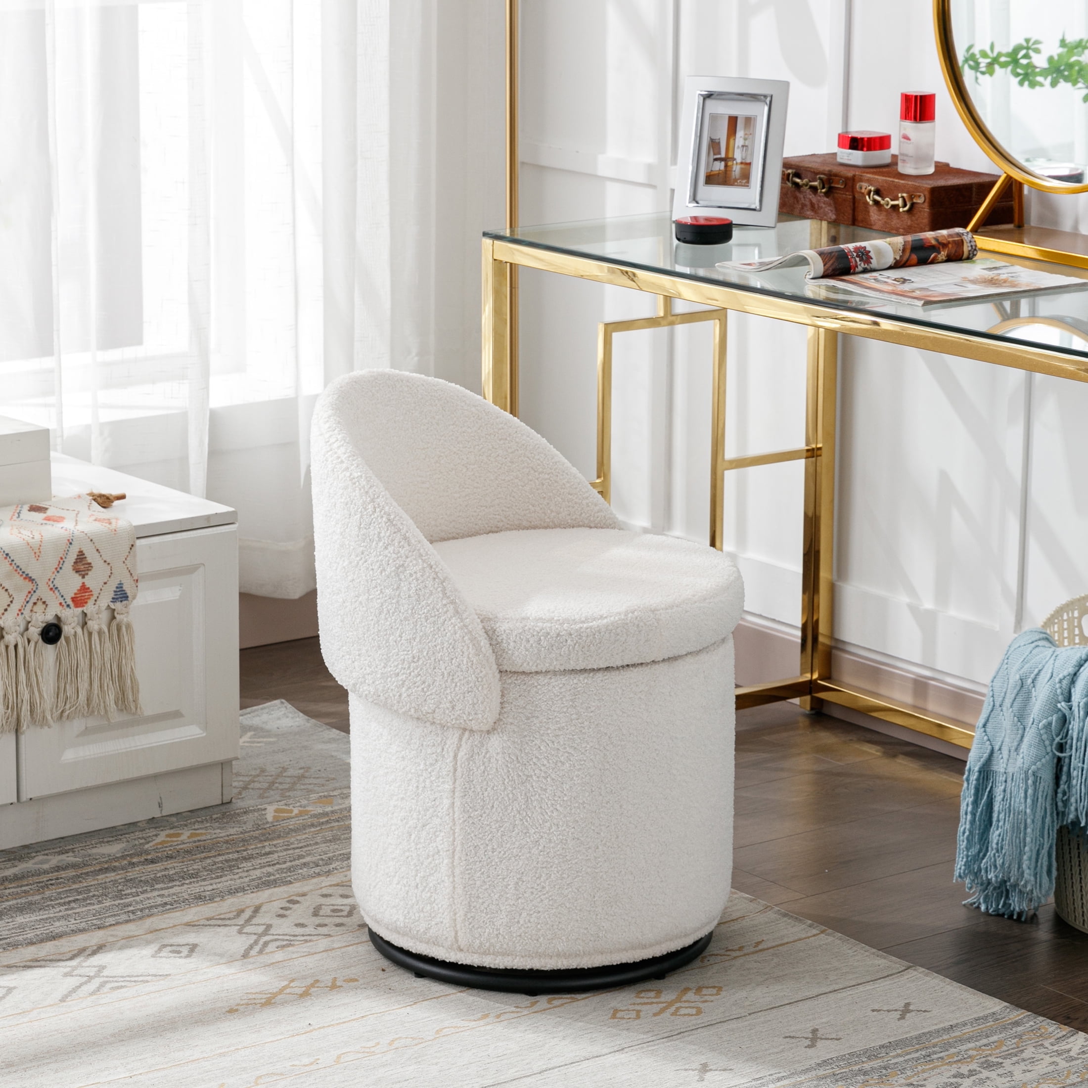 Guyou Modern Round Swivel Vanity Storage Stool, Sherpa Upholstered Ottoman with Foldable Backrest and Removable Lid, 360° Swivel Barrel Club Chair, Comfy Makeup Stool for Bedroom Living Room, White