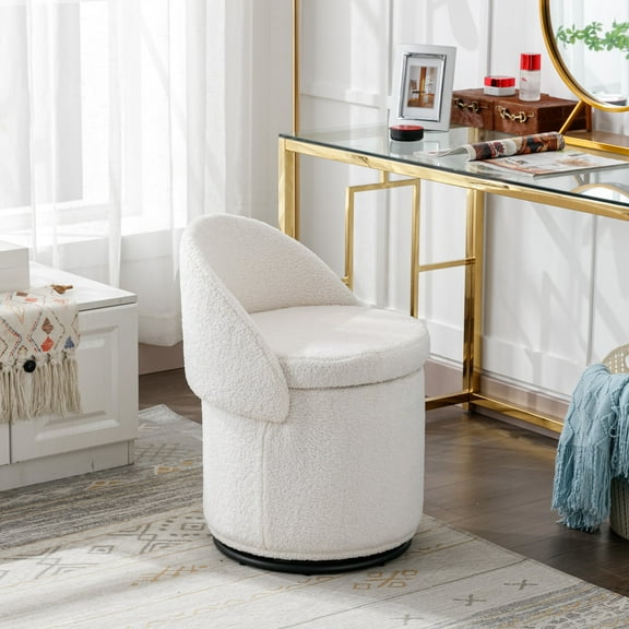 Guyou Modern Round Swivel Vanity Storage Stool, Sherpa Upholstered Ottoman with Foldable Backrest and Removable Lid, 360° Swivel Barrel Club Chair, Comfy Makeup Stool for Bedroom Living Room, White