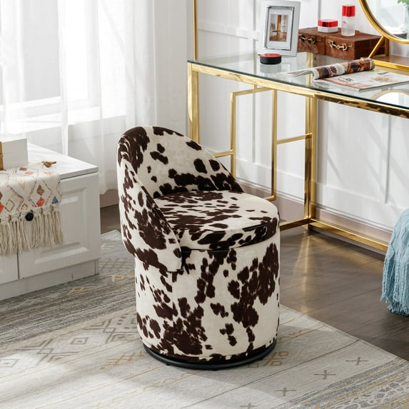 Guyou Modern Round Swivel Vanity Storage Stool, Velvet Upholstered Ottoman with Foldable Backrest and Removable Lid, 360° Swivel Barrel Club Chair, Comfy Makeup Stool for Bedroom Living Room, Cow