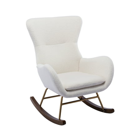 Guyou Modern Sherpa Rocking Chair, Wingback Upholstered Accent Chair Single Sofa Chair, Nursery Glider Rocker for Living Room Bedroom Nursery, White
