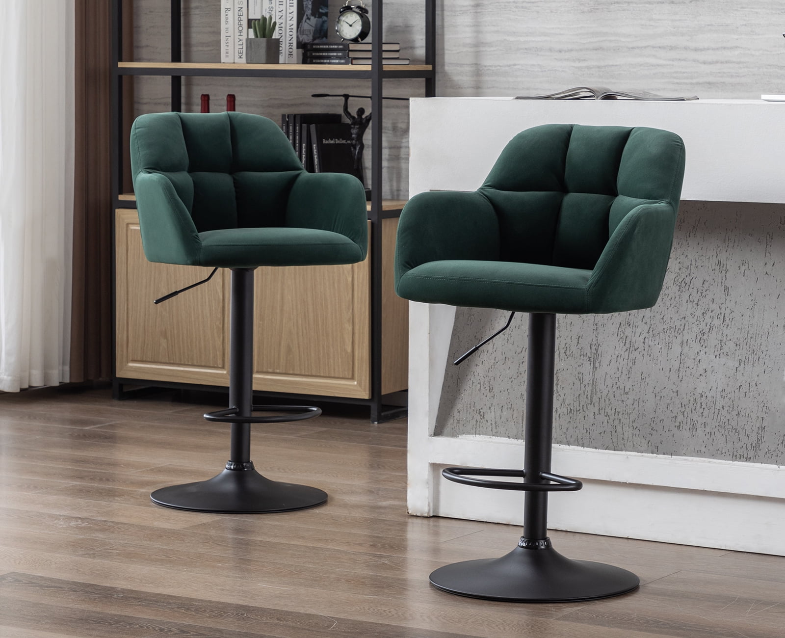 Green Velvet Adjustable Swivel Bar Stools with Metal Base, Set of 2