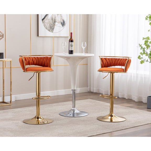 Guyou Modern Swivel Bar Stools Set of 2, Velvet Adjustable Counter Height Barstools with Woven Curved Back and Golden Base, Kitchen Island Bar Chairs for Pub Kitchen Island Restaurant, Orange