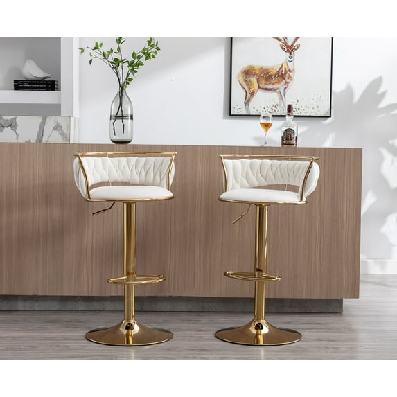 Guyou Modern Swivel Bar Stools Set of 2, Velvet Adjustable Counter Height Barstools with Woven Curved Back and Golden Base, Kitchen Island Bar Chairs for Pub Kitchen Island Restaurant, White