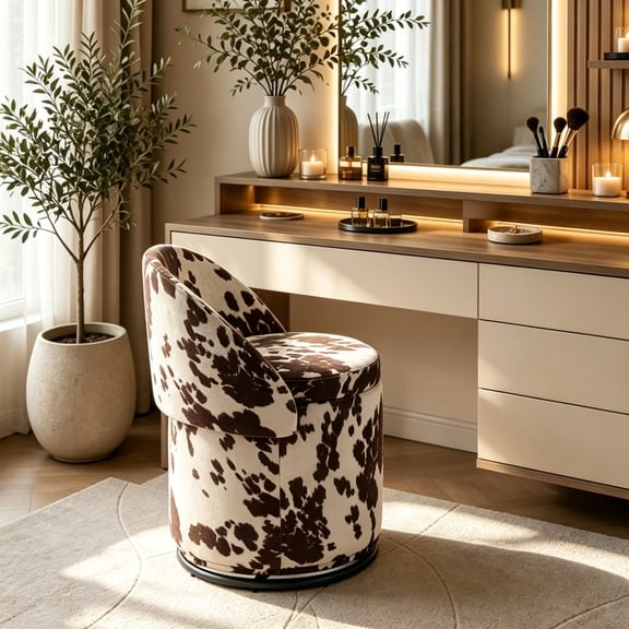 Guyou Modern Swivel Barrel Storage Vanity Chair, Sherpa Upholstered Makeup Chair with Foldable Backrest and Removable Cover, 360° Swivel Barrel Club Chair for Bedroom, Milk Cow Pattern