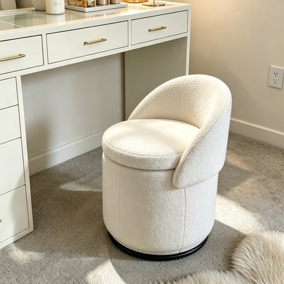 Guyou Modern Swivel Barrel Storage Vanity Chair, Sherpa Upholstered Makeup Chair with Foldable Backrest and Removable Cover, 360° Swivel Barrel Club Chair for Bedroom, White