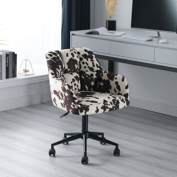 Guyou Modern Swivel Chair Home Office Desk Chair with Wheels and Armrests, Height Adjustable Upholstered Task Armchair, 360 Degree Swivel Office Chair for Bedroom Living Room, Cowhide Print
