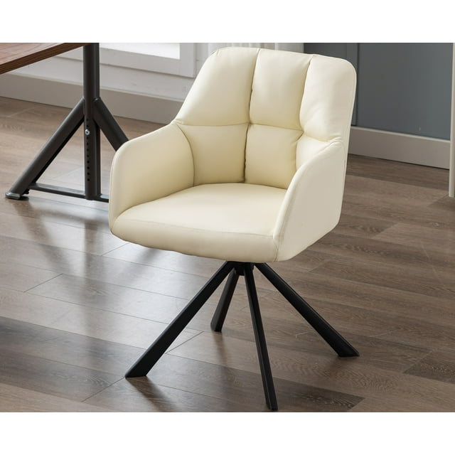 Guyou Modern Swivel Office Chair No Wheels, PU Leather Upholstered Desk