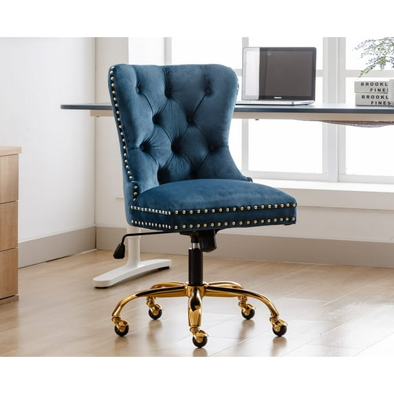 Guyou Modern Swivel Office Chair, Velvet Fabric Button Tufted And Nailhead Trim Accent Chair With Upholstery, Navy