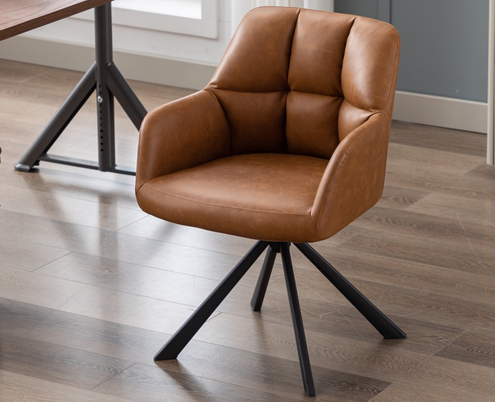 Guyou Modern Swivel Office Chair No Wheels, PU Leather Upholstered Desk Chair Armchair with Black Metal Legs for Living Room Bedroom Home Office, Brown