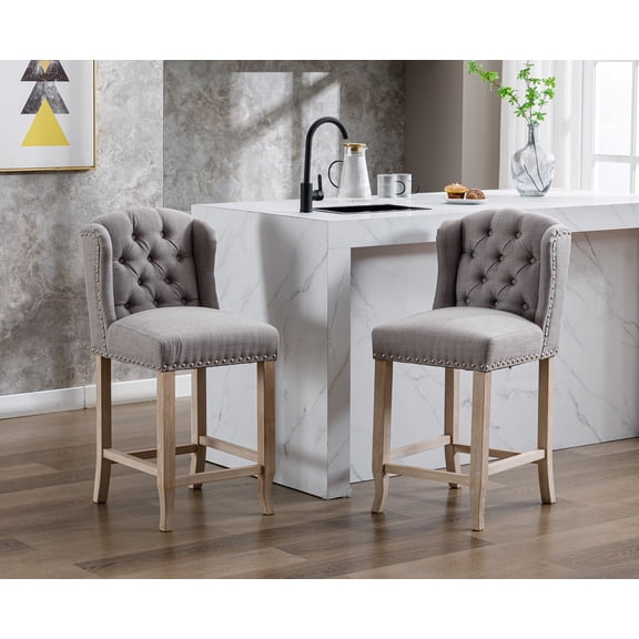 Guyou Modern Tufted Bar Stool Set of 2, 26" Counter Height Bar Stool with Back and Nailhead Trim, Linen Upholstered Solid Wood Kitchen Island Chair Barstools for Bar Restaurant Cafe Dining Room, Grey