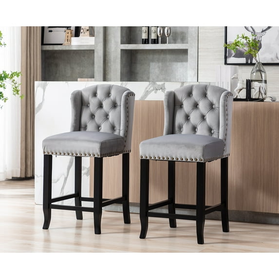 Guyou Modern Tufted Bar Stool Set of 2, 26" Counter Height Bar Stool with Back and Nailhead Trim, Velvet Upholstered Solid Wood Kitchen Island Chair Barstools for Bar Restaurant Cafe Dining Room, Grey