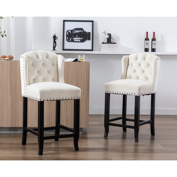 Guyou Modern Tufted Bar Stool Set of 2, 26" Counter Height Bar Stool with Back and Nailhead Trim, Velvet Upholstered Solid Wood Kitchen Island Chair Barstools for Bar Restaurant Dining Room, White