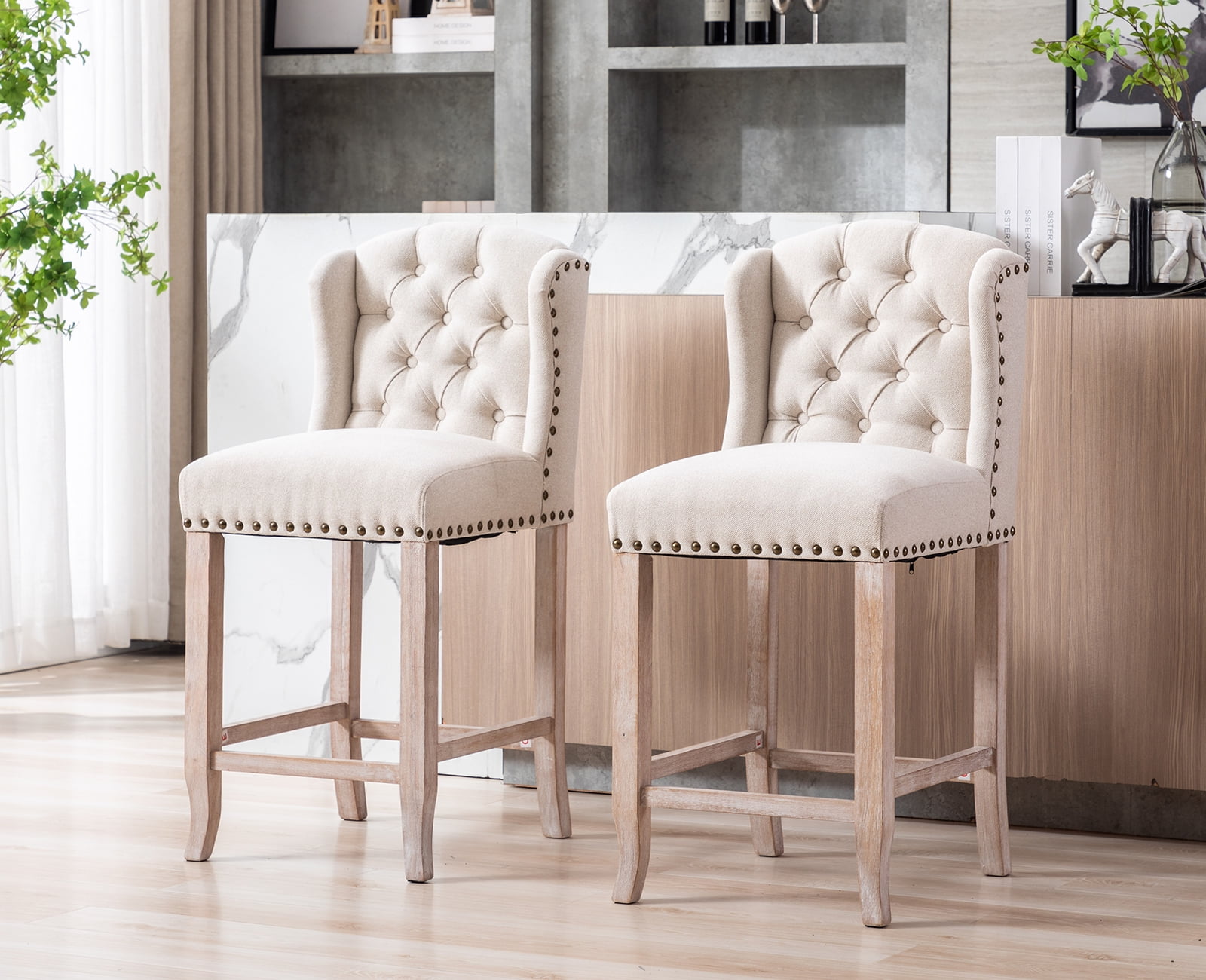 Guyou Modern Tufted Bar Stool Set of 2, 26" Counter Height Bar Stool with Back and Nailhead Trim, Linen Upholstered Solid Wood Kitchen Island Chair Barstools for Bar Restaurant Cafe Dining Room, Beige