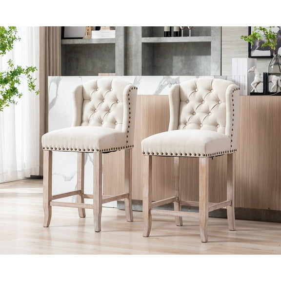 Guyou Modern Tufted Bar Stool Set of 2, 26" Counter Height Bar Stool with Back and Nailhead Trim, Linen Upholstered Solid Wood Kitchen Island Chair Barstools for Bar Restaurant Cafe Dining Room, Beige