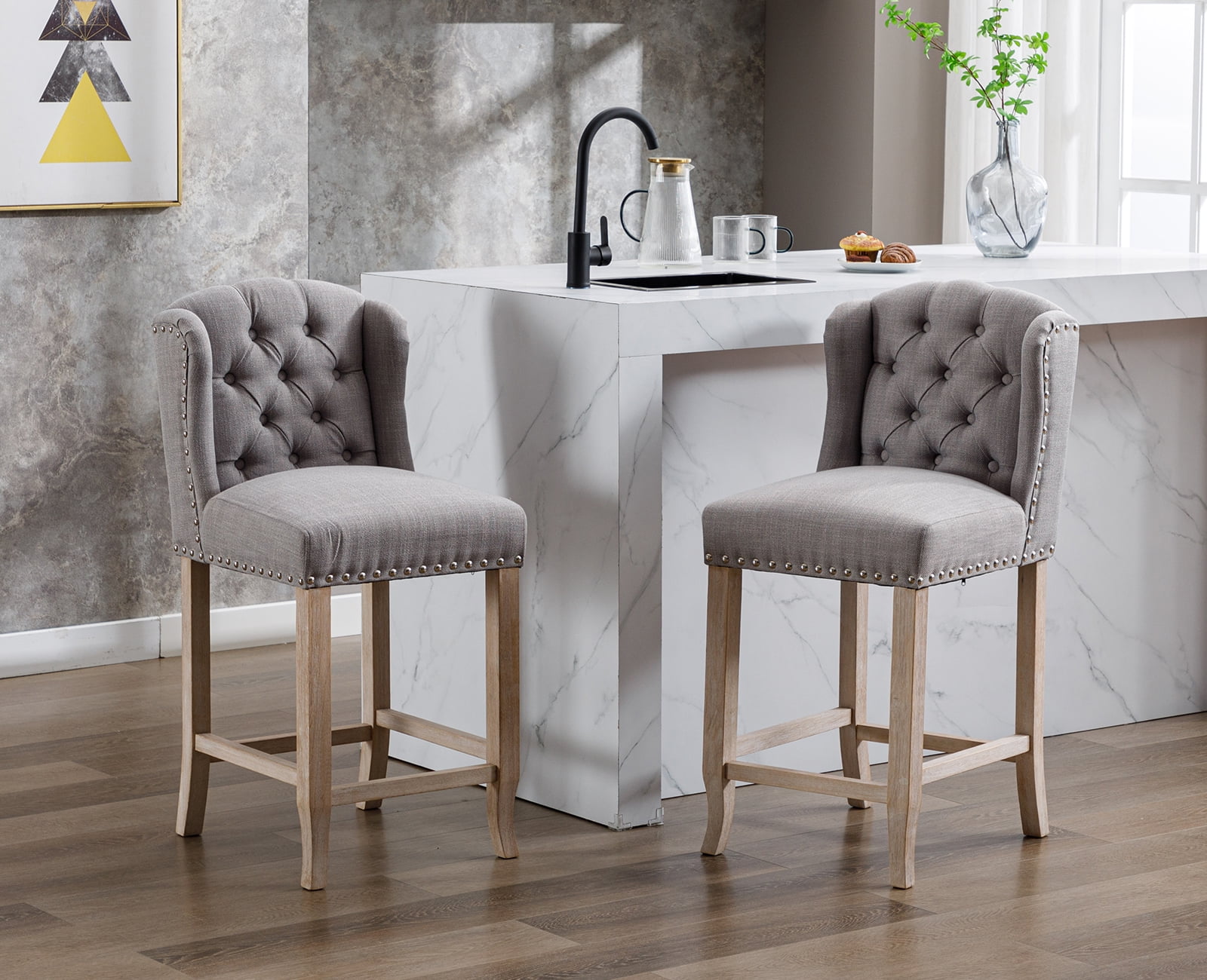 Guyou Modern Tufted Bar Stool Set of 2, 26" Counter Height Bar Stool with Back and Nailhead Trim, Linen Upholstered Solid Wood Kitchen Island Chair Barstools for Bar Restaurant Cafe Dining Room, Grey