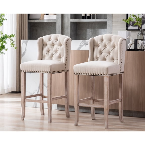 Guyou Tufted Bar Stool, Nailhead Trim, Upholstered, 30'' Height, Beige (Set of 2)