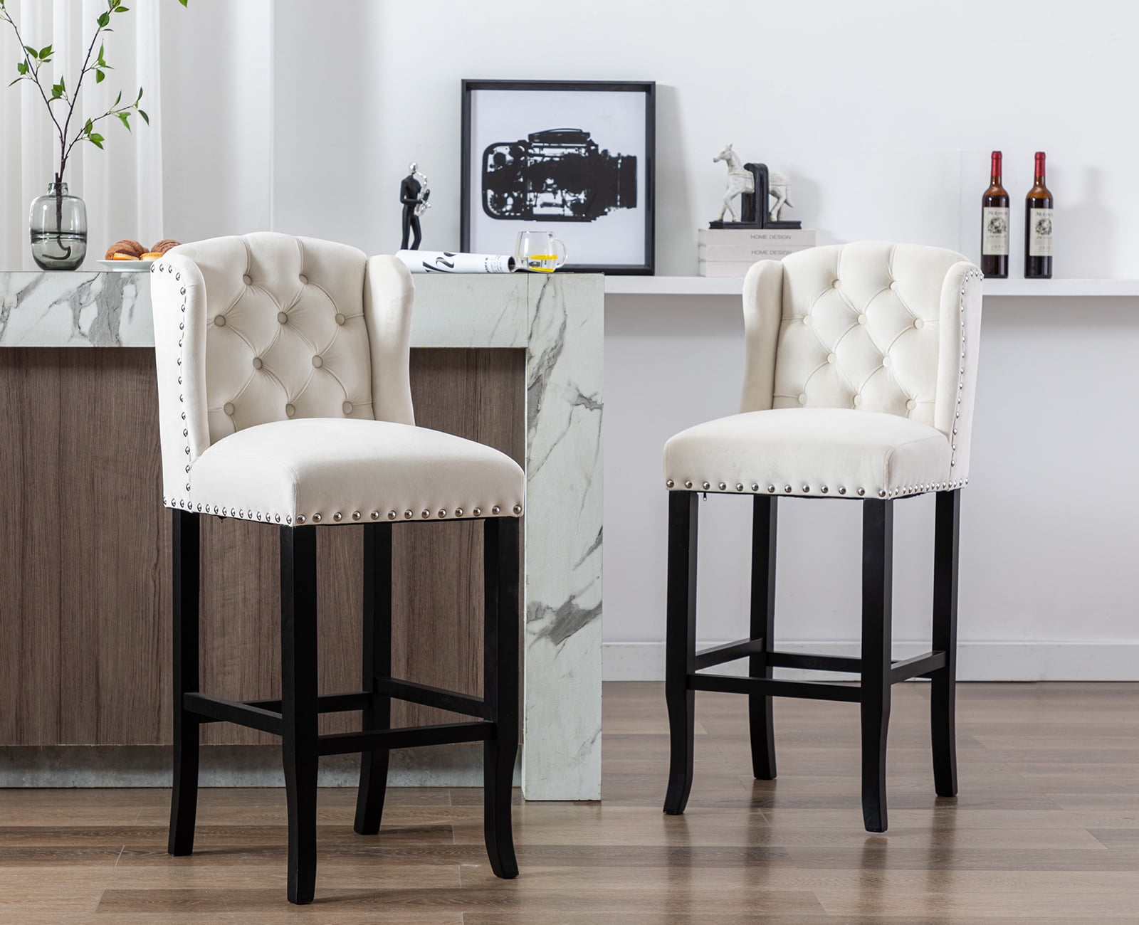 Guyou Modern Tufted Bar Stool Set of 2, 30" Bar Chairs with Back and