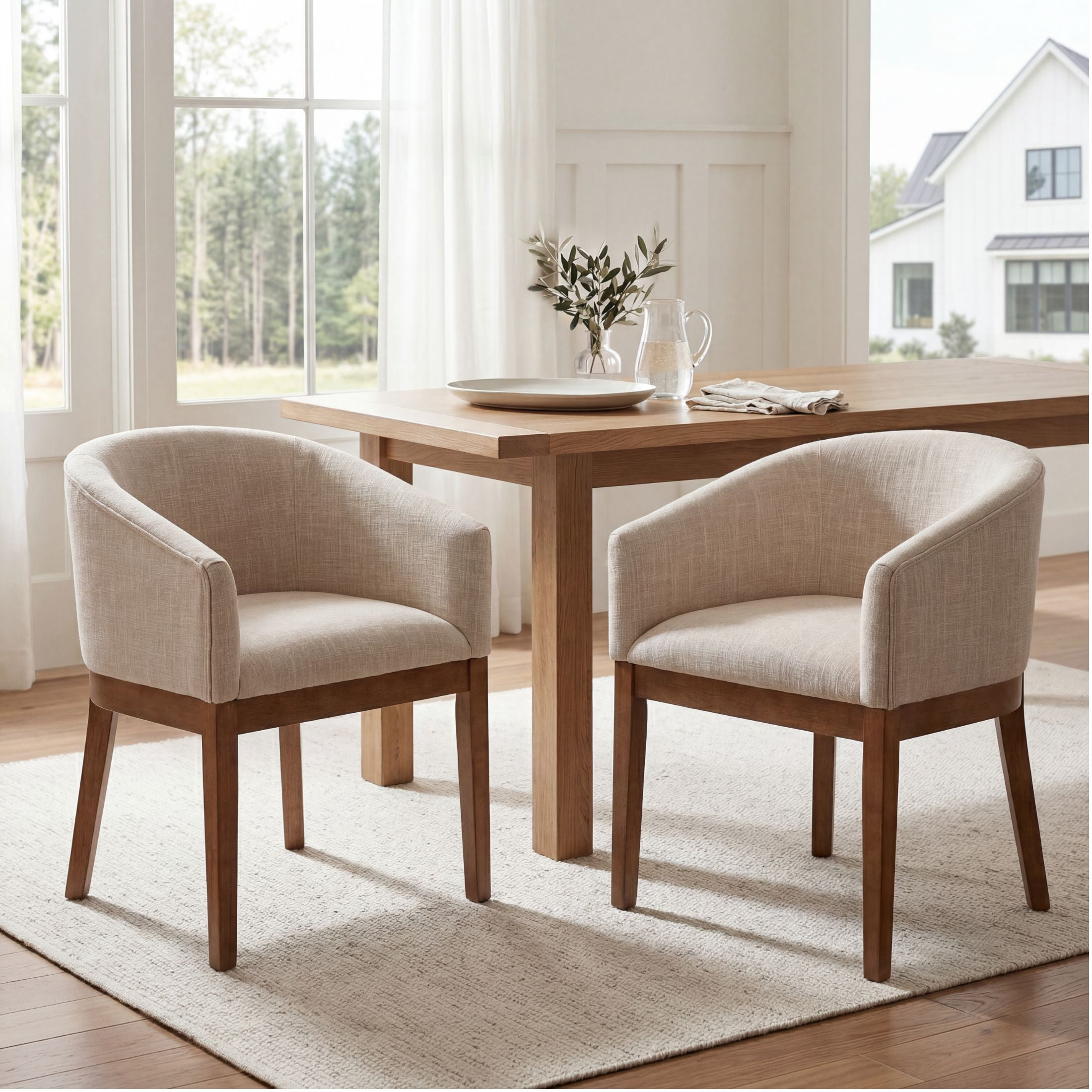 Guyou Modern Upholstered Dining Chairs Set of 2, Farmhouse Linen Kitchen & Dining Room Chairs with Armrests, 18" W Wooden Barrel Accent Chair Armchair for Dining Room Living Room Bedroom, Beige