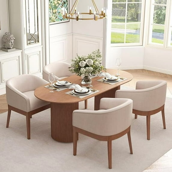 Guyou Modern Upholstered Dining Chairs Set of 4, Farmhouse Linen Kitchen & Dining Room Chairs with Armrests, 18" W Wooden Barrel Accent Chair Armchair for Dining Room Living Room Bedroom, Beige