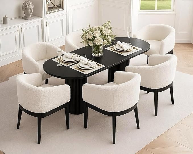 Guyou Modern Upholstered Dining Chairs Set of 4, Farmhouse Sherpa Kitchen & Dining Room Chairs with Armrests, 18" W Wooden Barrel Accent Chair Armchair for Dining Room Living Room Bedroom, White