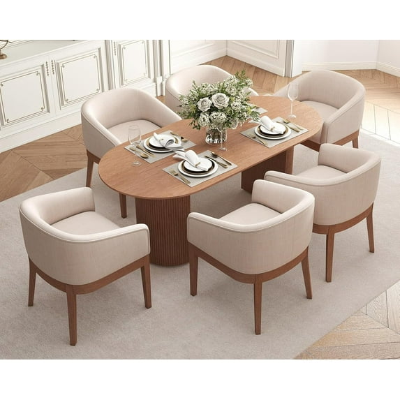 Guyou Modern Upholstered Dining Chairs Set of 6, Farmhouse Linen Kitchen & Dining Room Chairs with Armrests, 18" W Wooden Barrel Accent Chair Armchair for Dining Room Living Room Bedroom, Beige