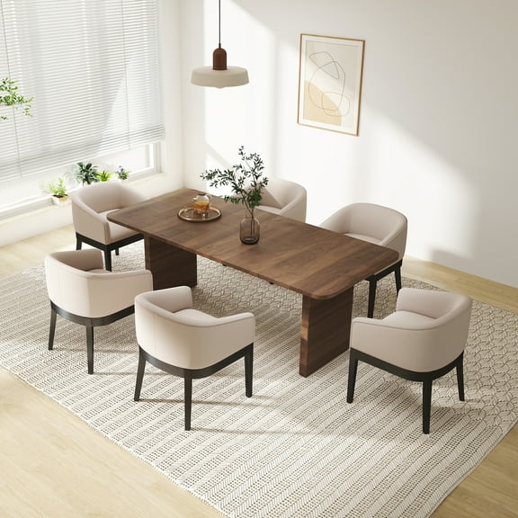 Guyou Modern Upholstered Dining Chairs Set of 6, Farmhouse Linen Kitchen & Dining Room Chairs with Armrests, 18" W Wooden Barrel Accent Chair Armchair for Dining Room Living Room Bedroom, Cream