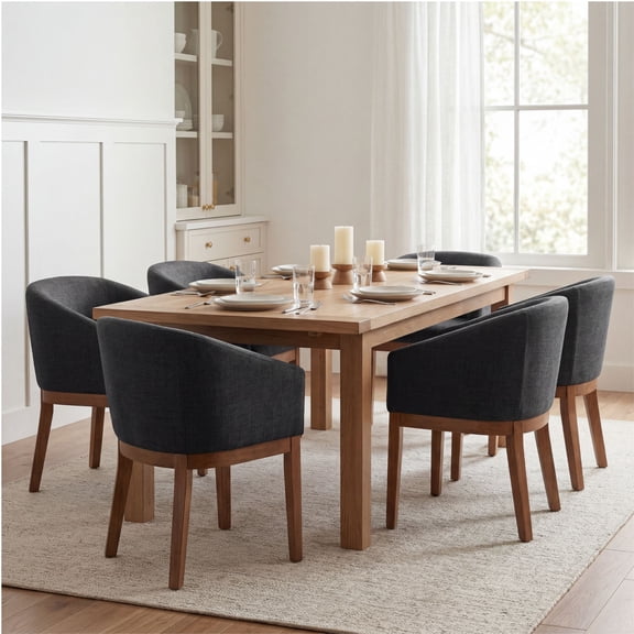 Guyou Modern Upholstered Dining Chairs Set of 6, Farmhouse Linen Kitchen & Dining Room Chairs with Armrests, 18" W Wooden Barrel Accent Chair Armchair for Dining Room Living Room Bedroom, Charcoal