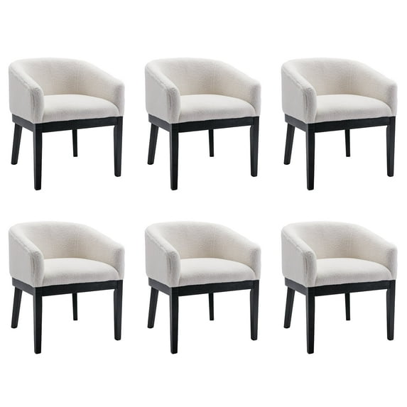 Guyou Modern Upholstered Dining Chairs Set of 6, Farmhouse Sherpa Kitchen & Dining Room Chairs with Armrests, 18" W Wooden Barrel Accent Chair Armchair for Dining Room Living Room Bedroom, White