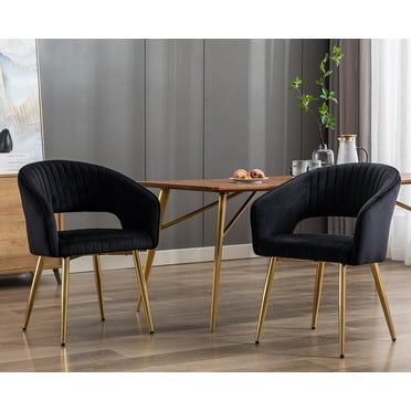 Guyou Modern Velvet Dining Chair Set of 2, Upholstered Accent Armchair with Hollow Back and Gold Metal Legs for Living Room Dining Room Kitchen Reception Room, Black