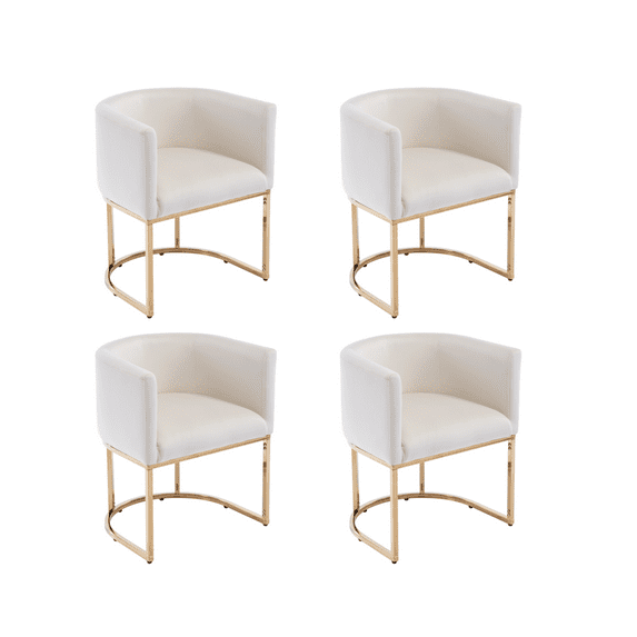 Guyou Modern Velvet Dining Chair Set of 4, Mid-century Upholstered Barrel Kitchen Chairs Fabric Side Chair with Metal Legs and Curved Back for Living Room Dining Room Bedroom, White
