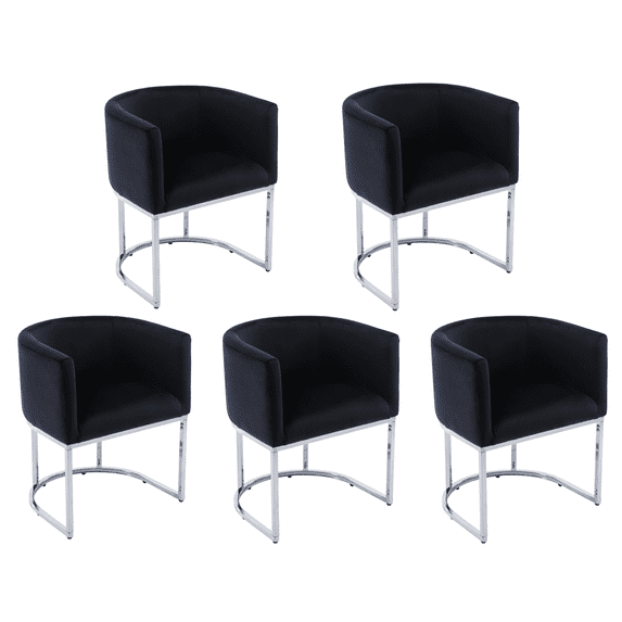Guyou Modern Velvet Dining Chair Set of 5, Mid-century Upholstered Barrel Kitchen Chairs Fabric Side Chair with Metal Legs and Curved Back for Living Room Dining Room Bedroom, Black