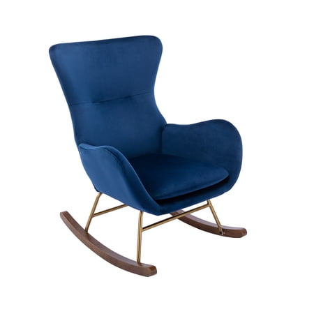 Guyou Modern Velvet Rocking Chair, Wingback Upholstered Accent Chair Single Sofa Chair, Nursery Glider Rocker for Living Room Bedroom Nursery, Blue