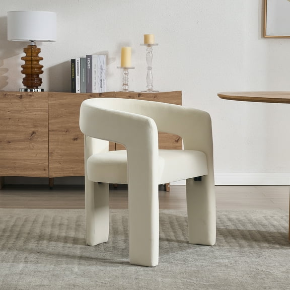Guyou Modern Velvet Upholstered Dining Chair, Cute Barrel Side Armchair Kitchen Chair with Armrests and Back for Living Room Dining Room Bedroom, Ivory
