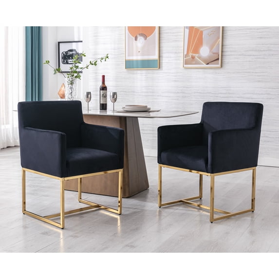 Guyou Modern Velvet Upholstered Dining Chairs Set of 2, Kitchen Chairs with Arm and Gold Finish Metal Frame, Accent Armchair with back for Living Room Dining Room Bedroom Reception Room, Black