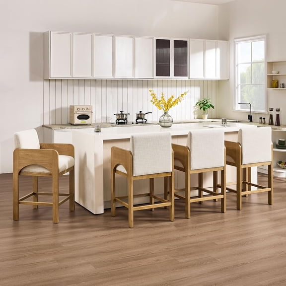 Guyou Natural Bar Stools Set of 4, 27" Upholstered Counter Height Bar Stools for Kitchen Counter with Footrest, Modern Bar Chairs Wooden Barstool with Linen Seat for Dining Room Home Bar, Beige