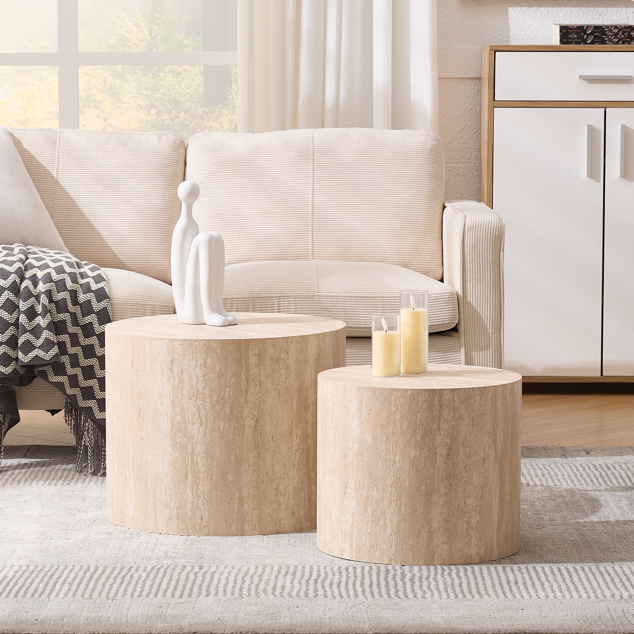 Guyou Nest Coffee Table Set of 2, Modern Wooden Round Coffee Table with Small End Table, Circle Accent Side Table for Living Room Bedroom Balcony, Natural
