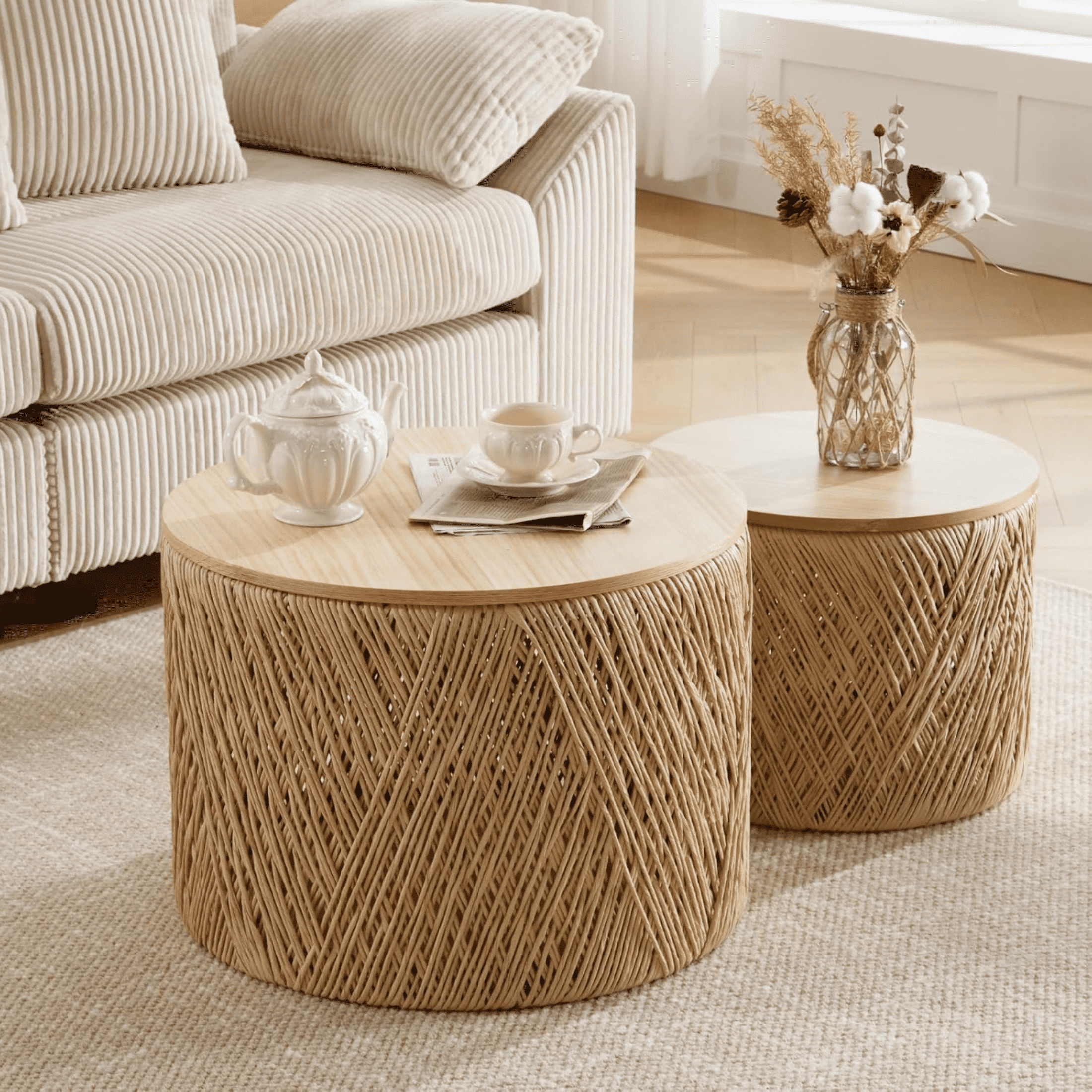 Guyou Nesting Tables Round Natural Wood Drum Coffee Tables with Storage for Living Room Bedroom Small Space, No Assembly Required, Log(Set of 2)
