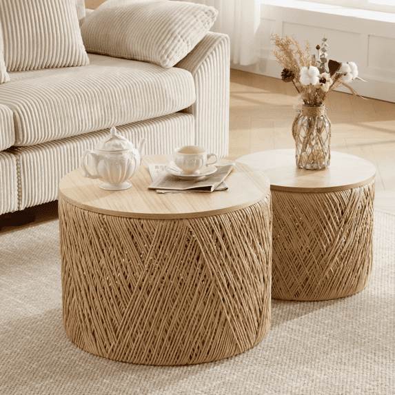Guyou Nesting Tables Round Natural Wood Drum Coffee Tables with Storage for Living Room Bedroom Small Space, No Assembly Required, Log(Set of 2)