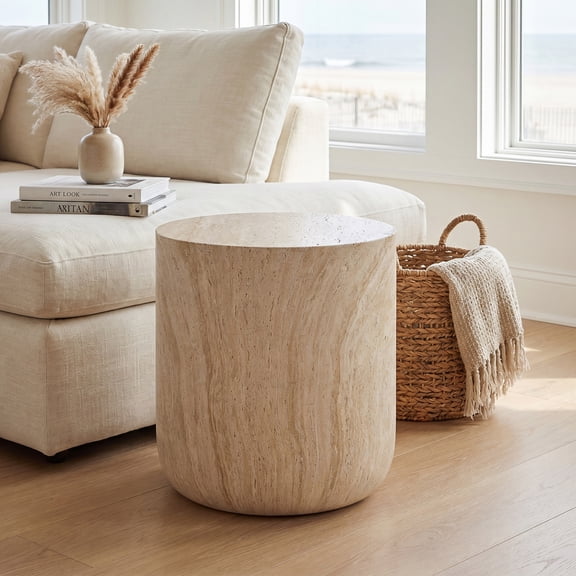 Guyou Oxide Round Pedestal Side Table, Magnesium Oxide Solid Round Coffee Table, Wabi-Sabi Accent Stone Pedestal Stool, Minimalist Neutral Side Table for Living Room, Bedroom Nightstand, Plant Stand