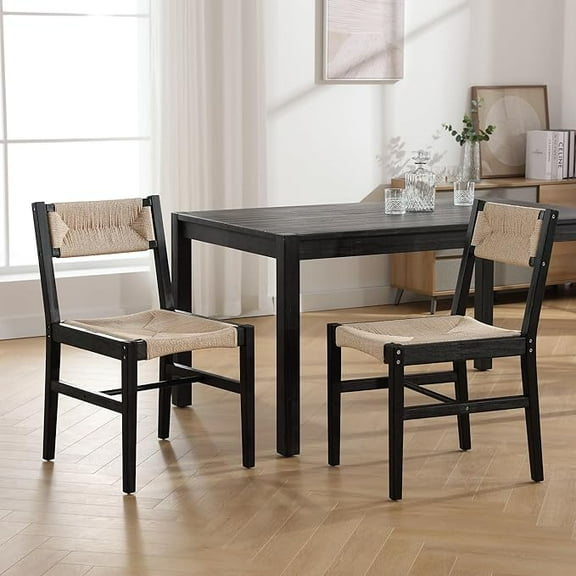 Guyou Farmhouse Rattan Dining Chairs Set of 2,Mid Century Modern Woven Chairs with Wood Frame, 19" Wide Cane & Seagrass Boho Side Chairs for Kitchen, Dining Room & Bistro, Black