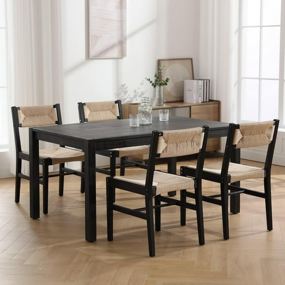 Guyou Farmhouse Mid Century Modern Rattan Woven Wood Cane Seagrass Dining Chairs, Black (Set of 4)