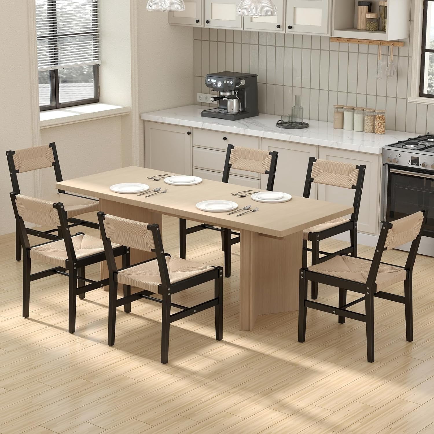 Guyou Farmhouse Rattan Dining Chairs Set of 6,Mid Century Modern Woven Chairs with Wood Frame, 19" Wide Cane & Seagrass Boho Side Chairs for Kitchen, Dining Room & Bistro, Black